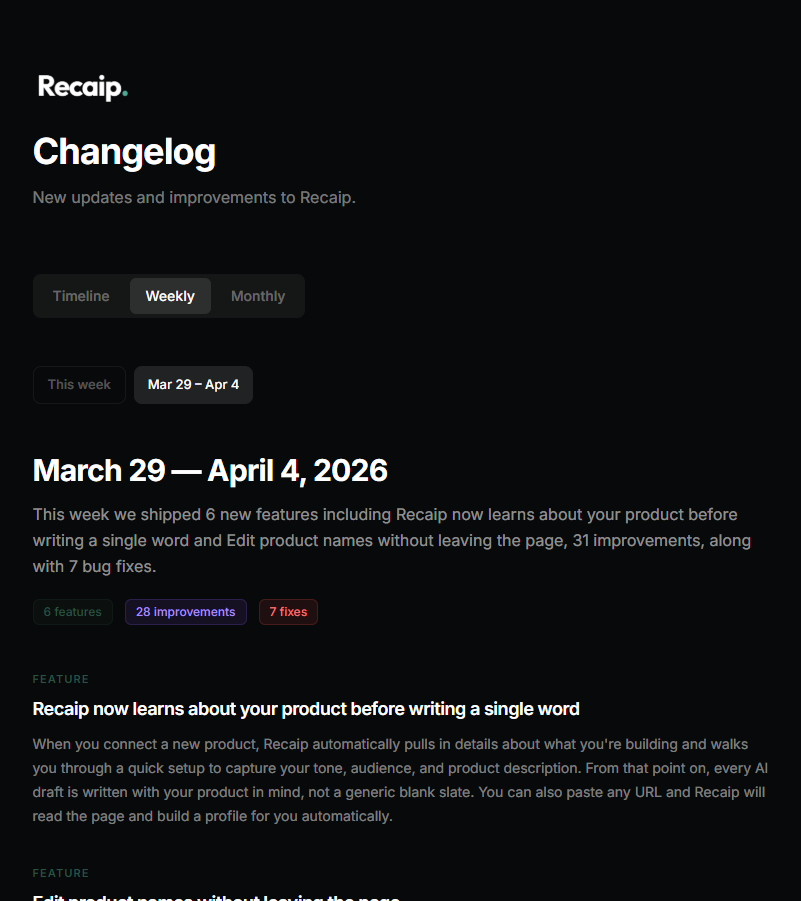 Public Recaip changelog page with weekly grouped updates and feature, improvement, and fix categories