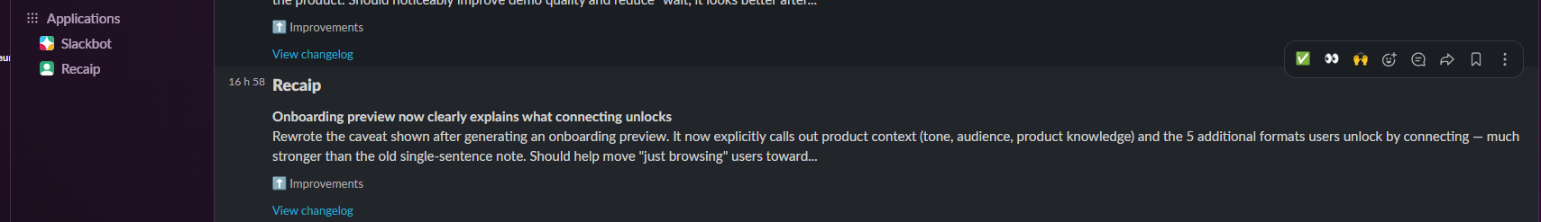Recaip posting release updates into a Slack channel, auto-formatted with title, description, label, and link