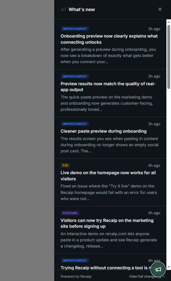 Recaip in-app widget slide-out panel showing recent product updates