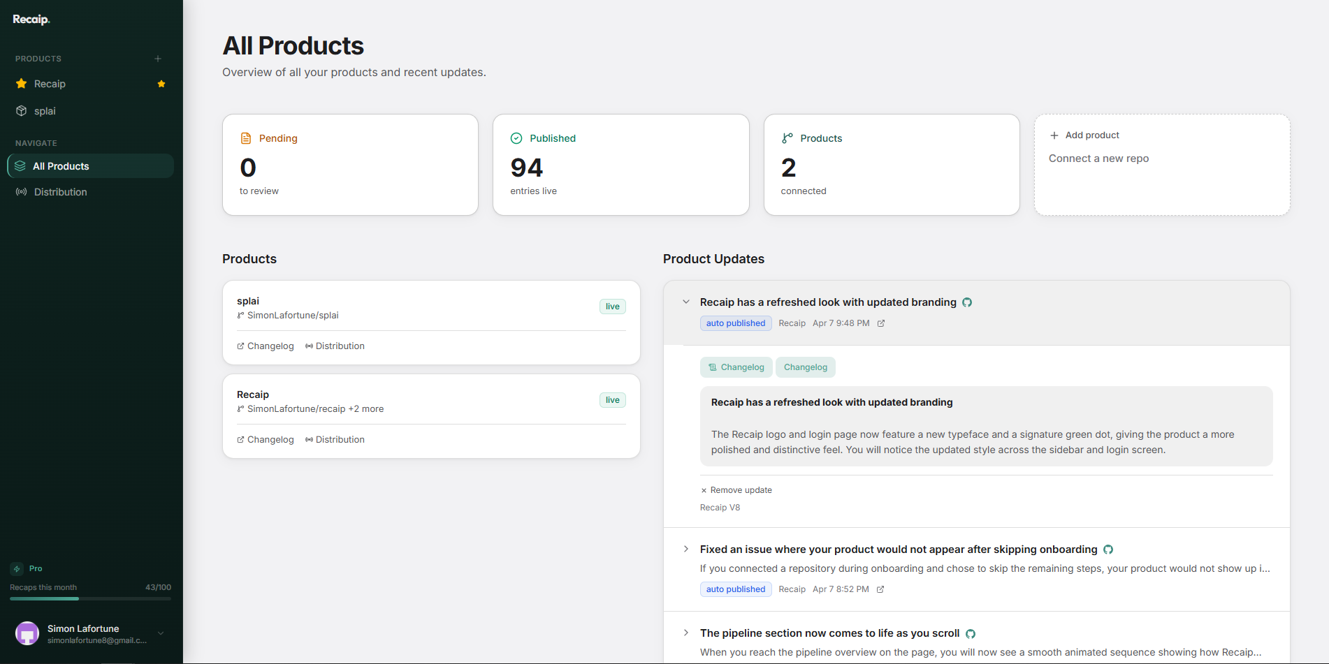 Recaip dashboard with products overview, stats, and recent updates