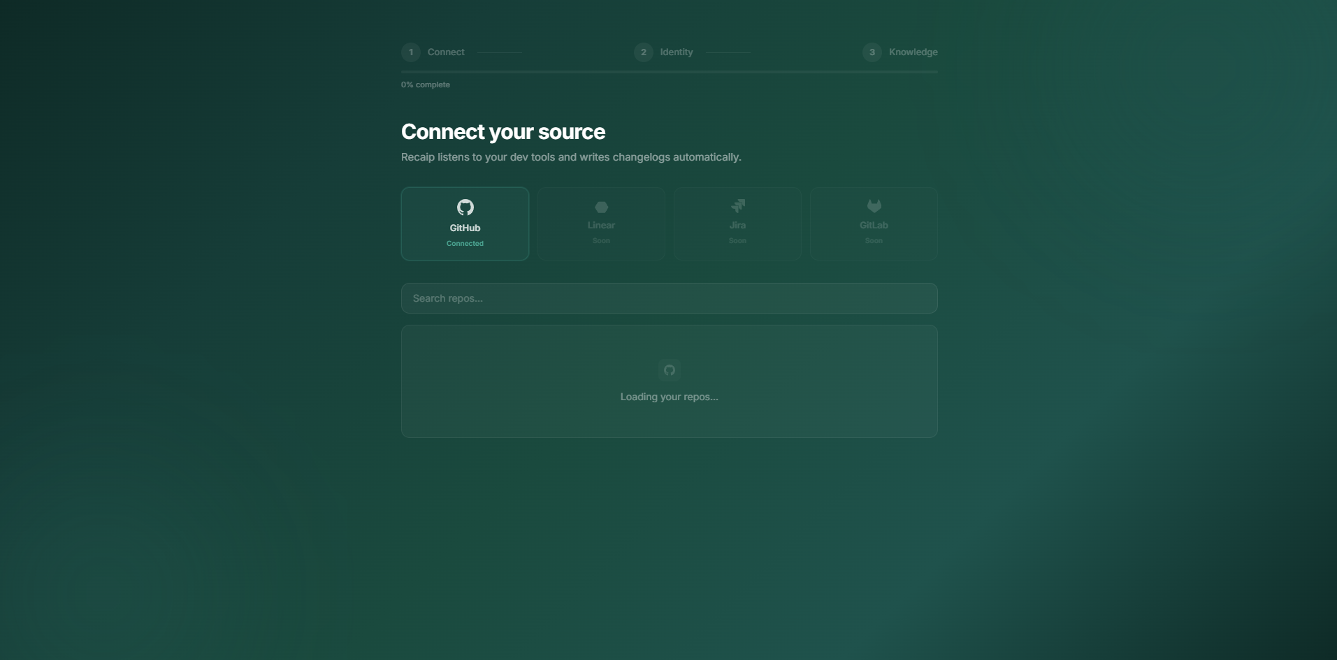 Recaip onboarding flow with GitHub, Linear, Jira, and GitLab