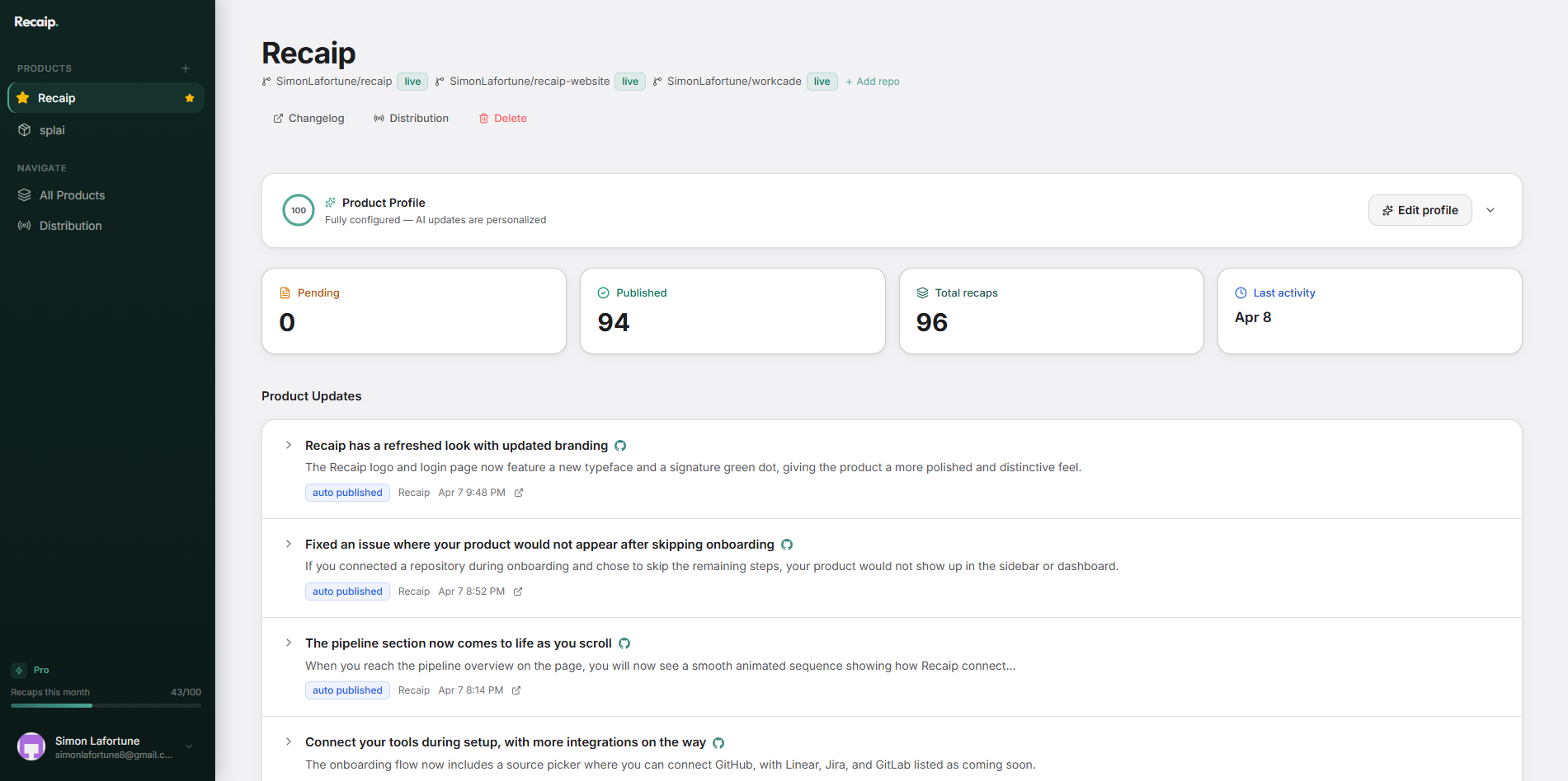 Recaip product page with AI-generated drafts and stats